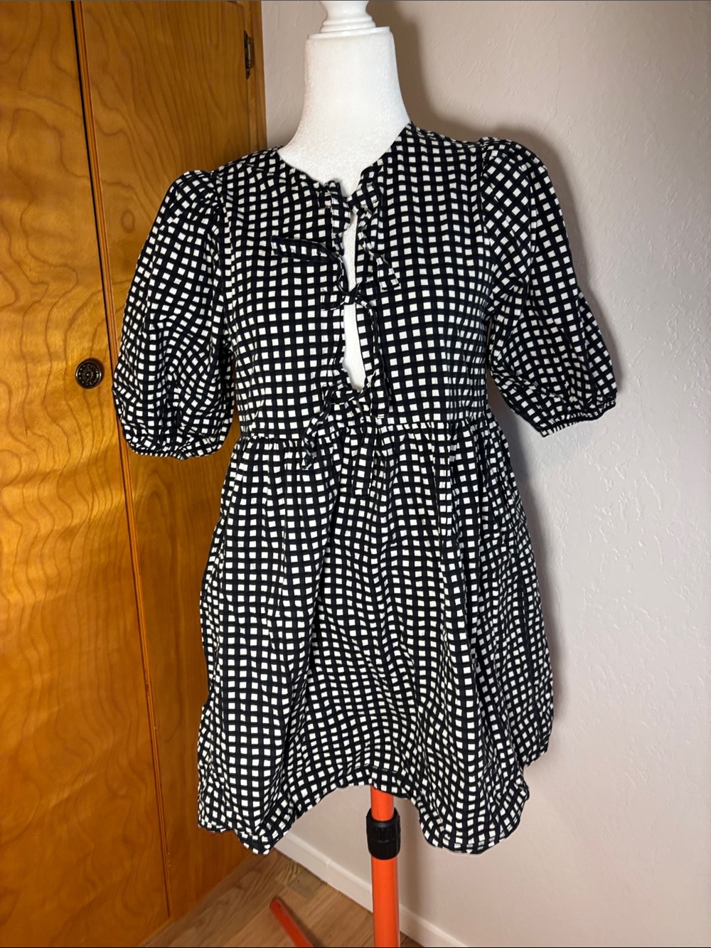 Band of the Free - black and white gingham tie front dress